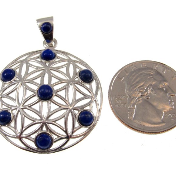 Solid 925 Sterling Silver Flower of Life Pendant with Lapis Lazuli Sacred Symbol - Picture 5 of 8